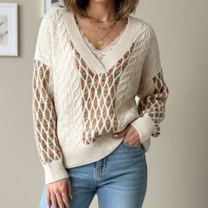 Devoted Ivory Cable Knit Rainbow V-Neck Sweater S - Oversized Boho Pullover
